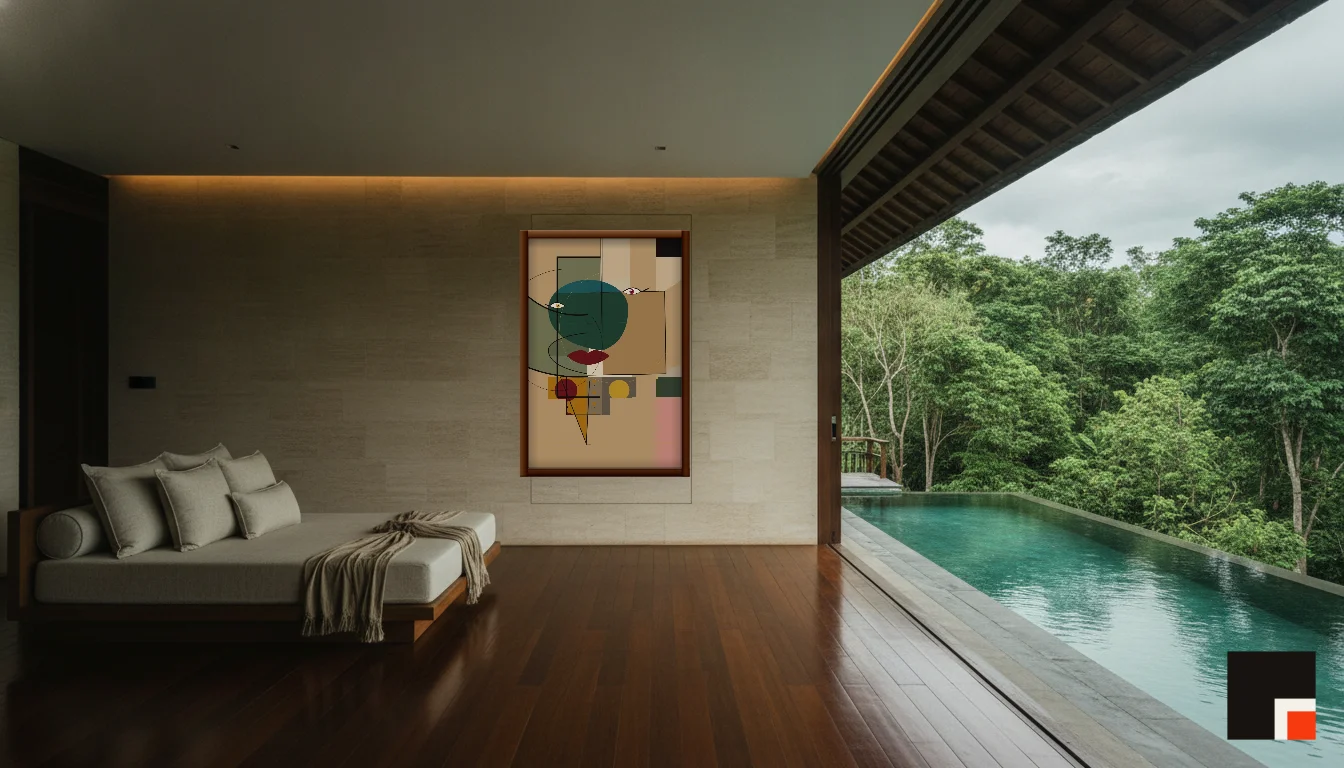 A Lumen & Logic artwork hanging in a Balinese hotel interior — Open-air pavilion · Ubud
