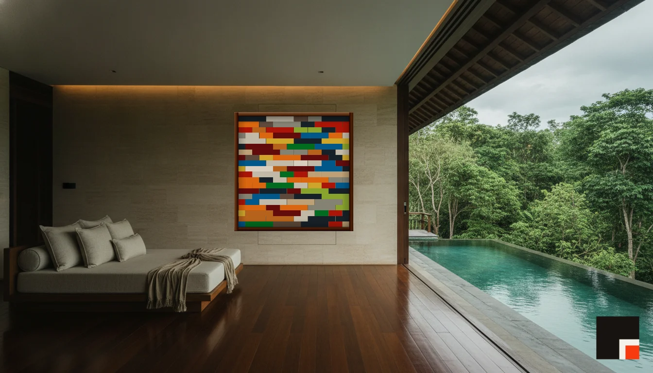 A Lumen & Logic artwork hanging in a Balinese hotel interior — Open-air pavilion · Ubud