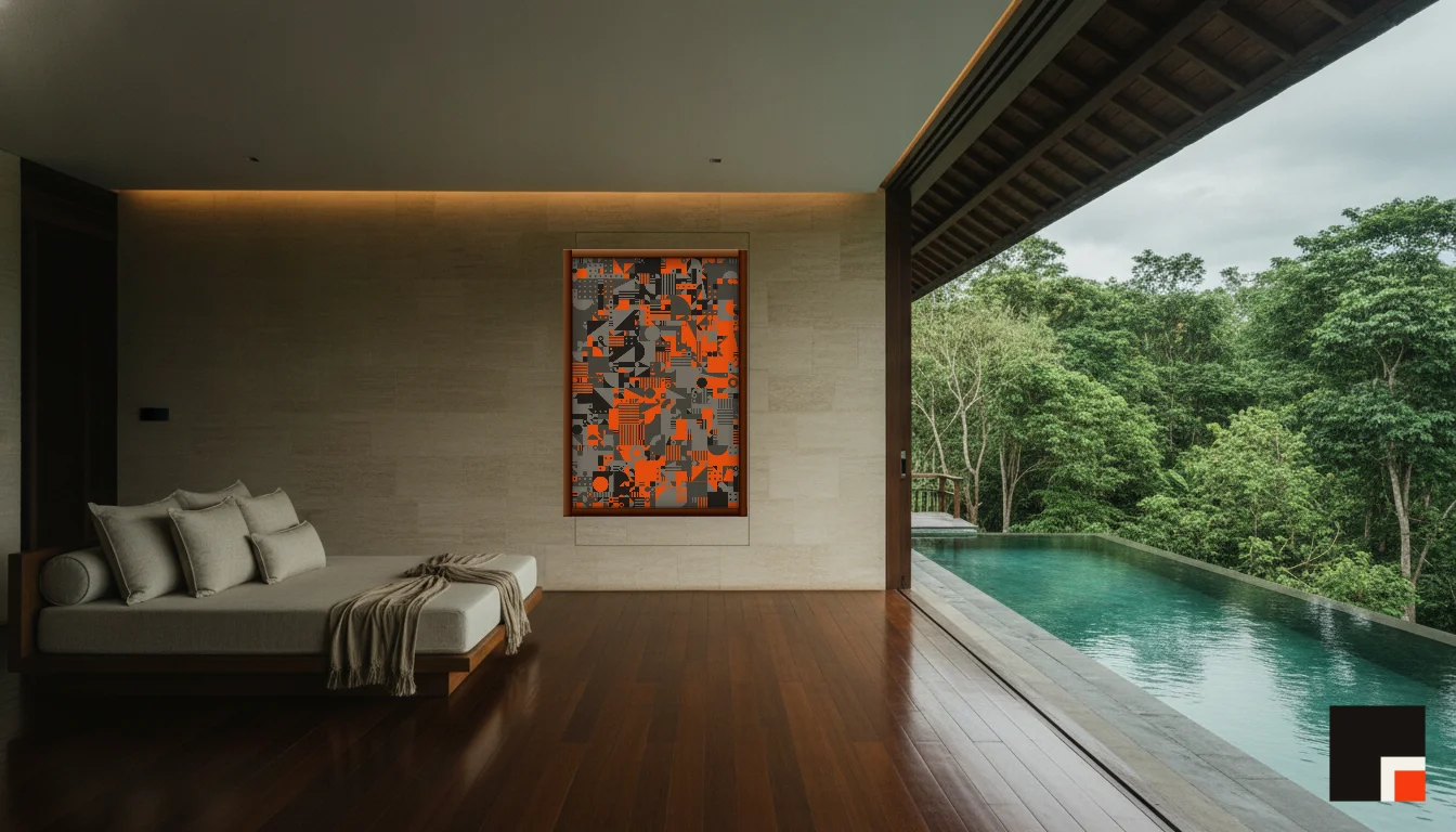 A Lumen & Logic artwork hanging in a Balinese hotel interior — Open-air pavilion · Ubud
