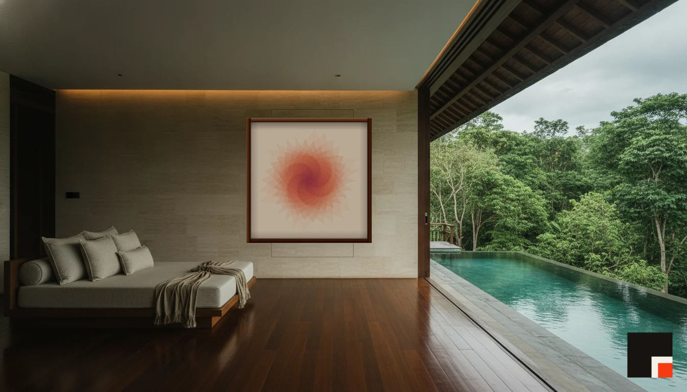 A Lumen & Logic artwork hanging in a Balinese hotel interior — Open-air pavilion · Ubud