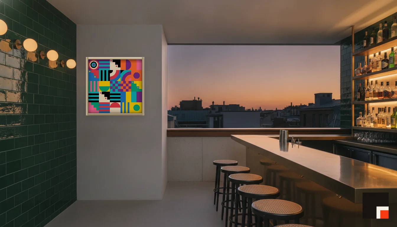 A Lumen & Logic artwork hanging in a Bar hotel interior — Rooftop bar · Lisbon