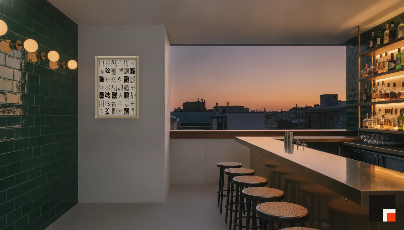 A Lumen & Logic artwork hanging in a Bar hotel interior — Rooftop bar · Lisbon