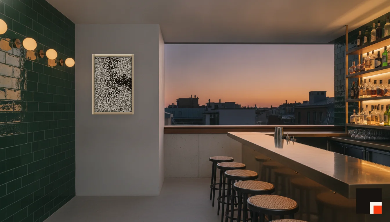 A Lumen & Logic artwork hanging in a Bar hotel interior — Rooftop bar · Lisbon