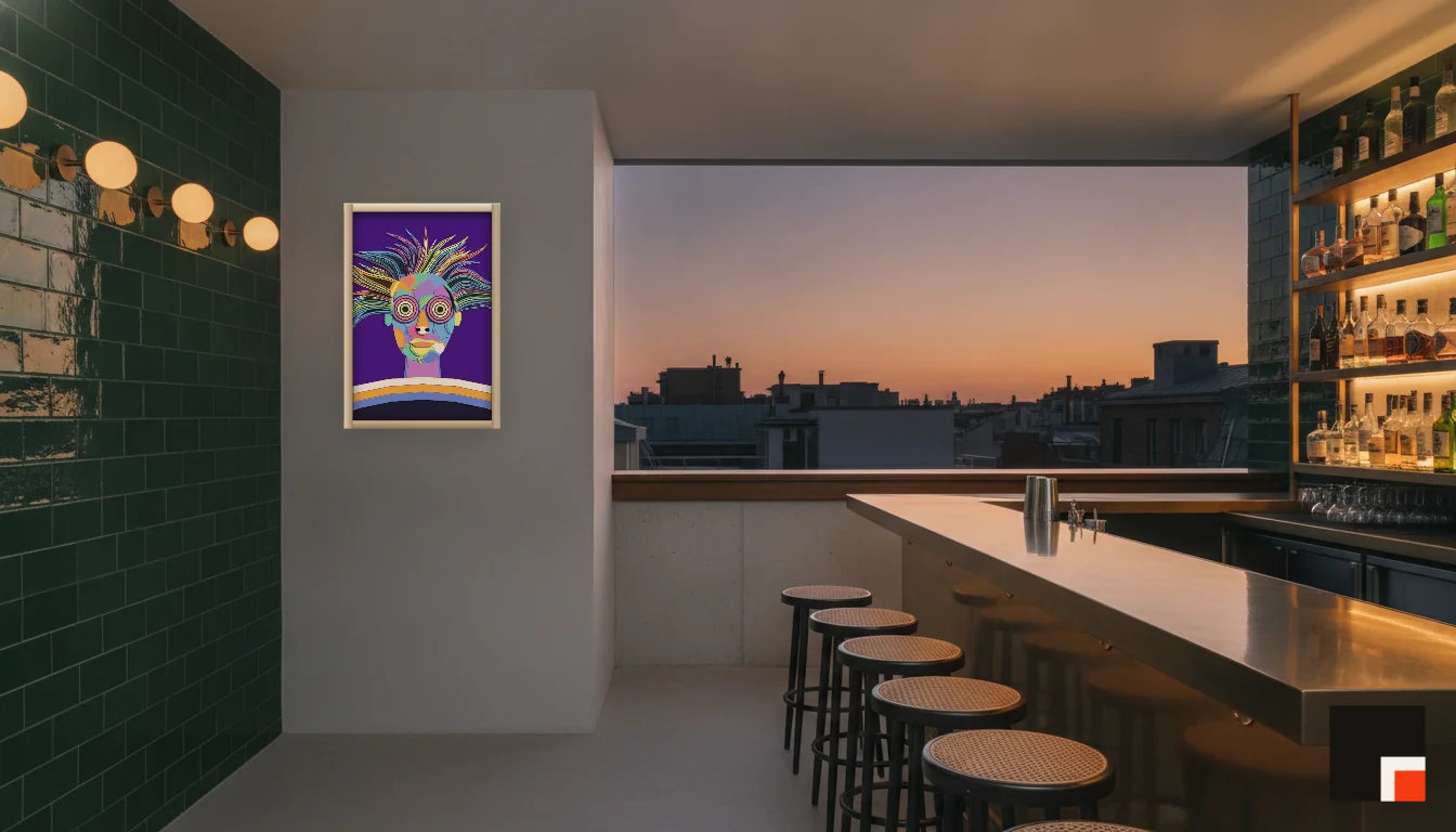 A Lumen & Logic artwork hanging in a Bar hotel interior — Rooftop bar · Lisbon