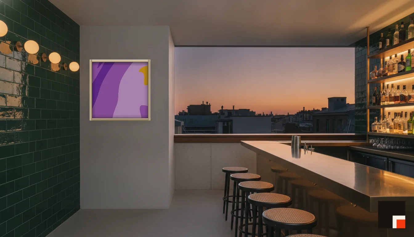 A Lumen & Logic artwork hanging in a Bar hotel interior — Rooftop bar · Lisbon