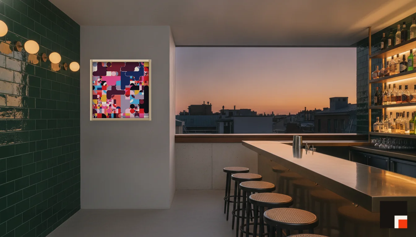 A Lumen & Logic artwork hanging in a Bar hotel interior — Rooftop bar · Lisbon