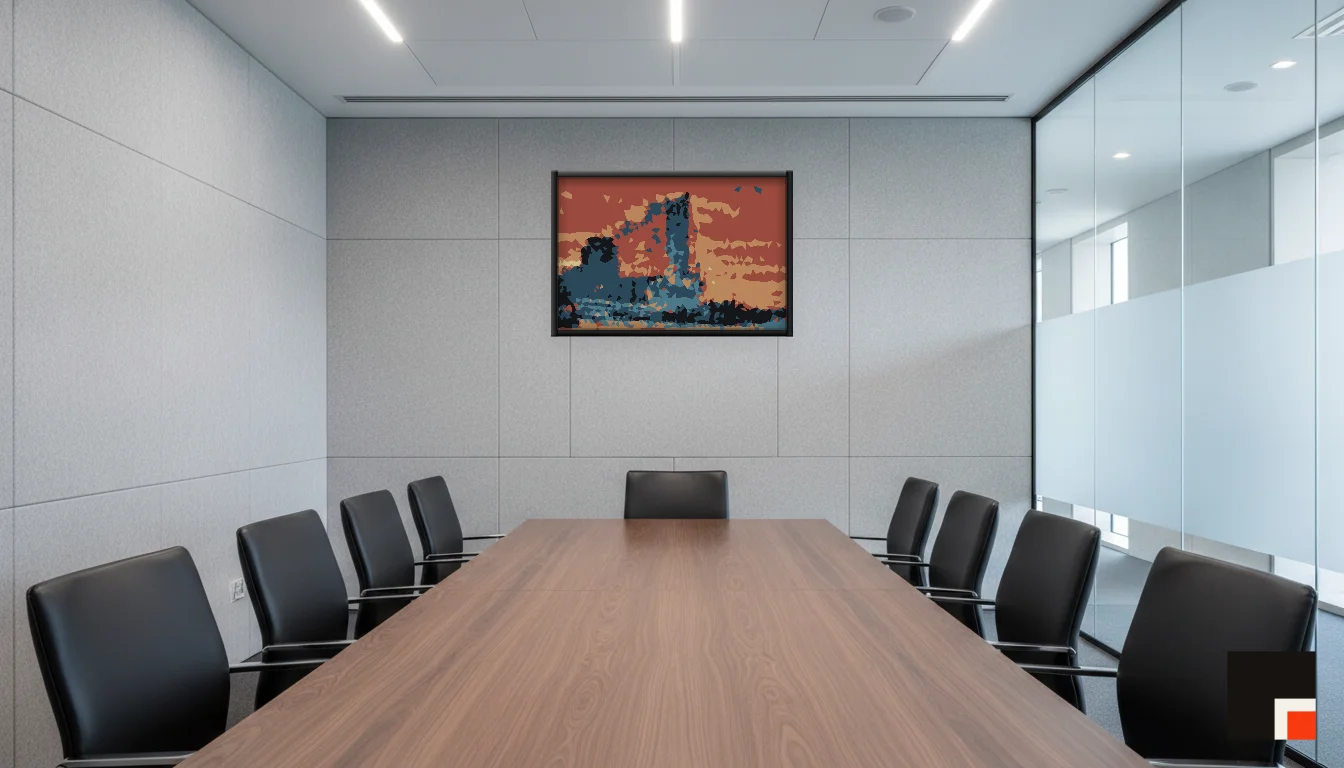 A Lumen & Logic artwork hanging in a Boardroom hotel interior — Meeting room · Frankfurt