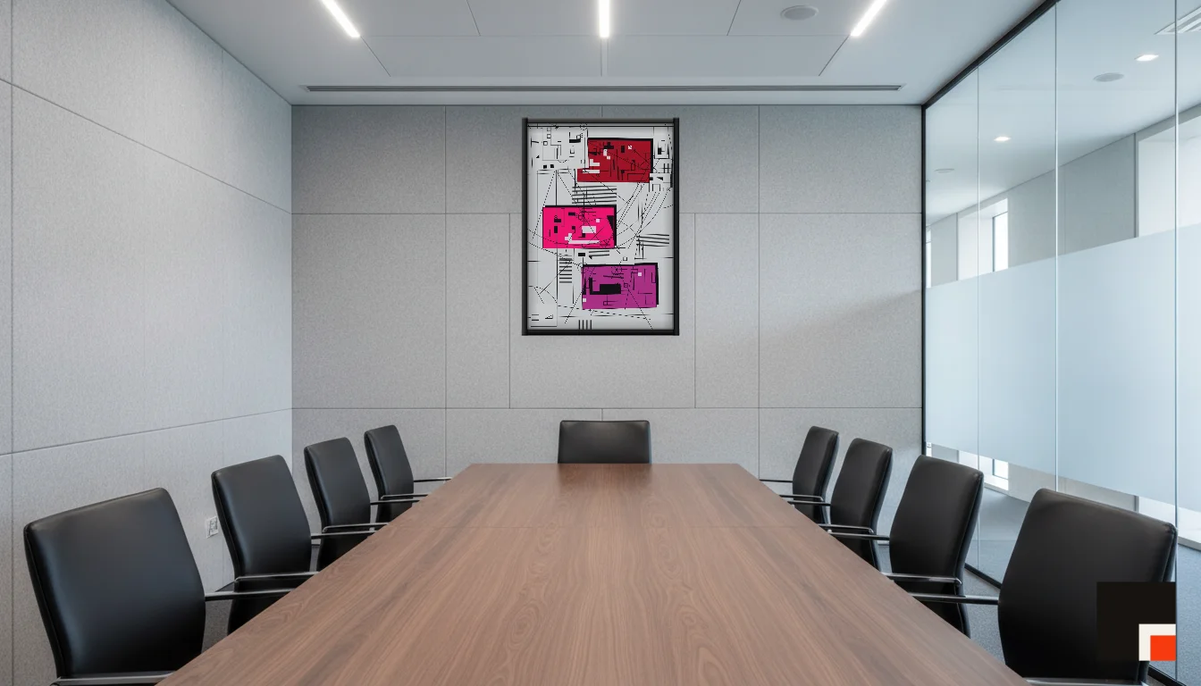 A Lumen & Logic artwork hanging in a Boardroom hotel interior — Meeting room · Frankfurt