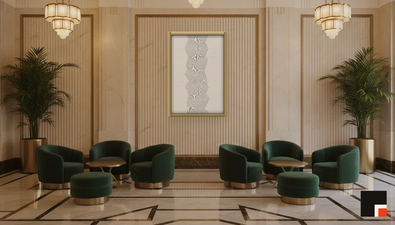 A Lumen & Logic artwork hanging in a Art Deco hotel interior — Lobby lounge · Vienna