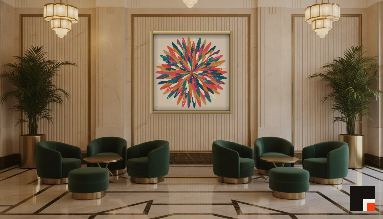 A Lumen & Logic artwork hanging in a Art Deco hotel interior — Lobby lounge · Vienna