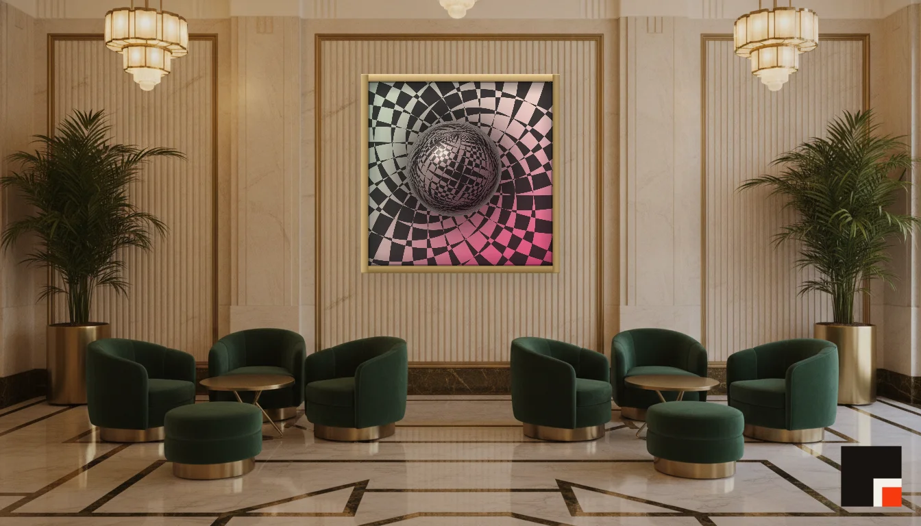 A Lumen & Logic artwork hanging in a Art Deco hotel interior — Lobby lounge · Vienna