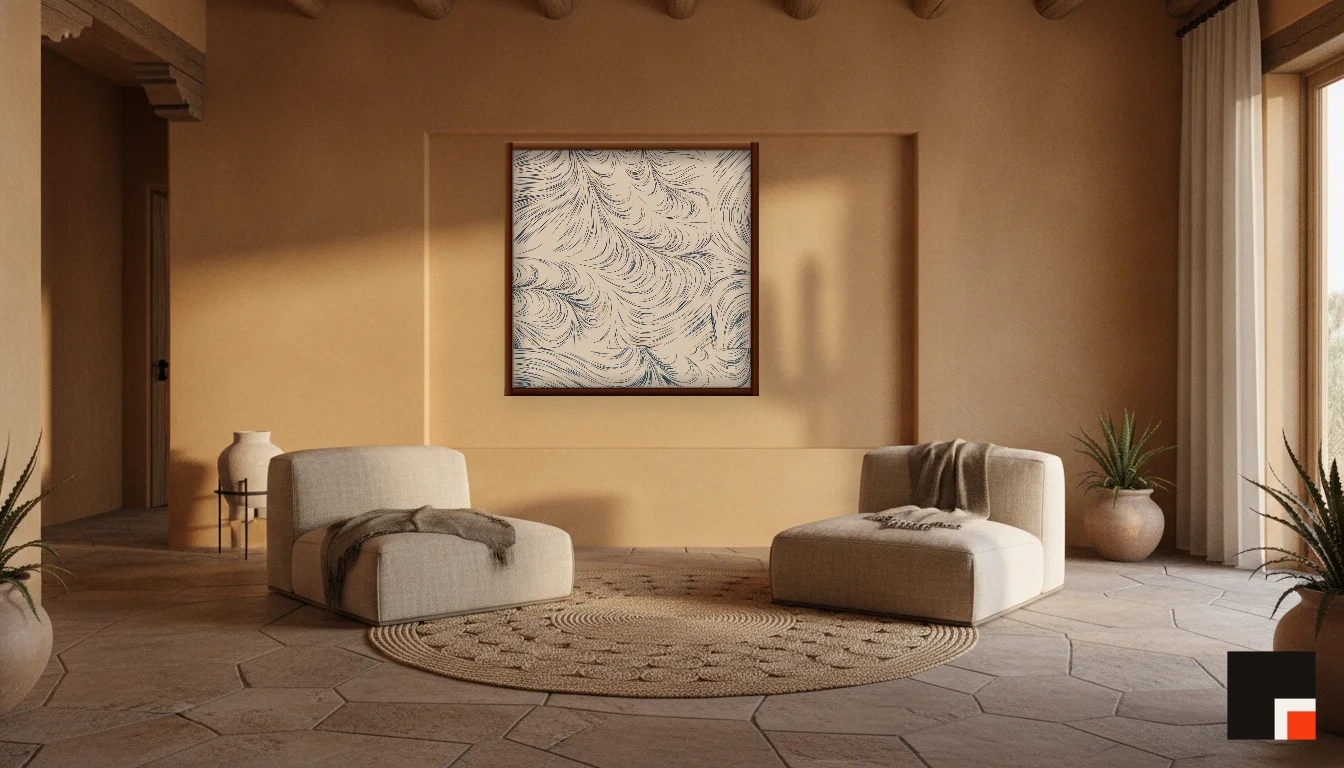 A Lumen & Logic artwork hanging in a Desert hotel interior — Desert retreat · Moab