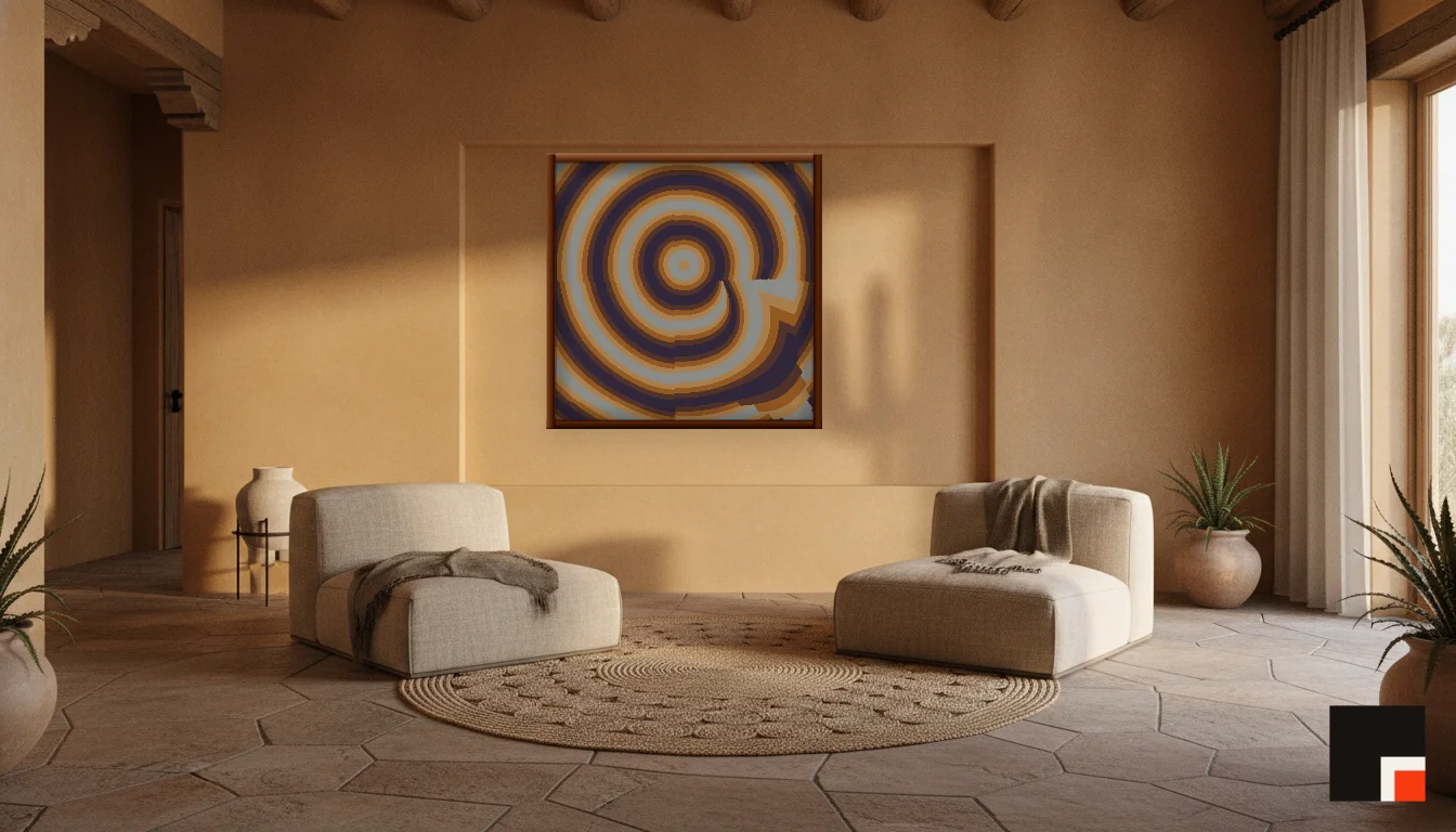 A Lumen & Logic artwork hanging in a Desert hotel interior — Desert retreat · Moab