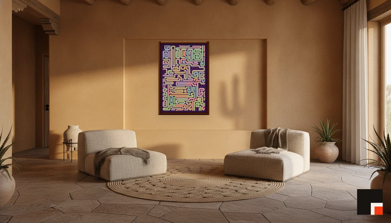 A Lumen & Logic artwork hanging in a Desert hotel interior — Desert retreat · Moab