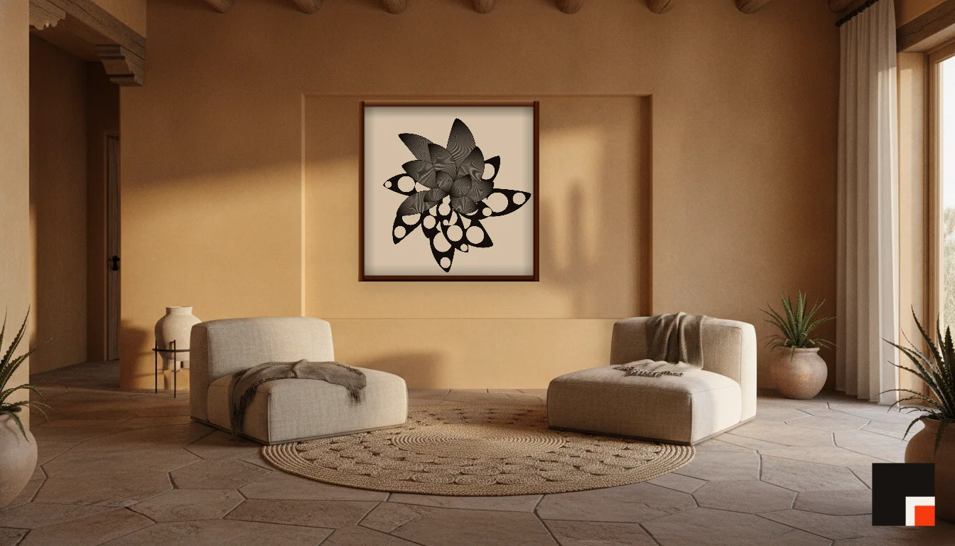A Lumen & Logic artwork hanging in a Desert hotel interior — Desert retreat · Moab