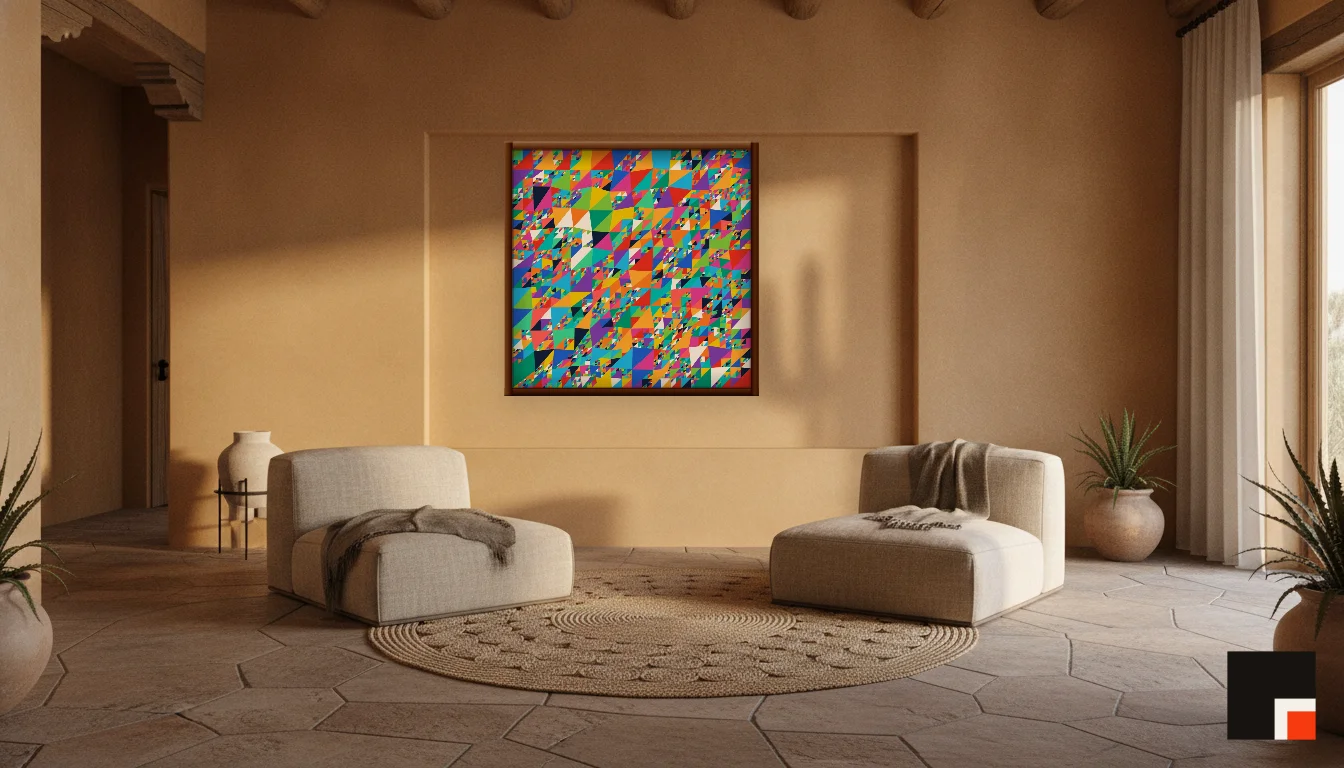 A Lumen & Logic artwork hanging in a Desert hotel interior — Desert retreat · Moab