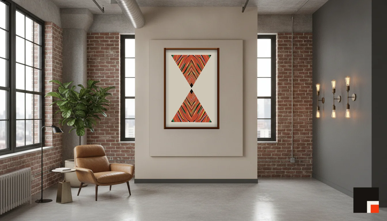 A Lumen & Logic artwork hanging in a Industrial hotel interior — Warehouse loft · Brooklyn