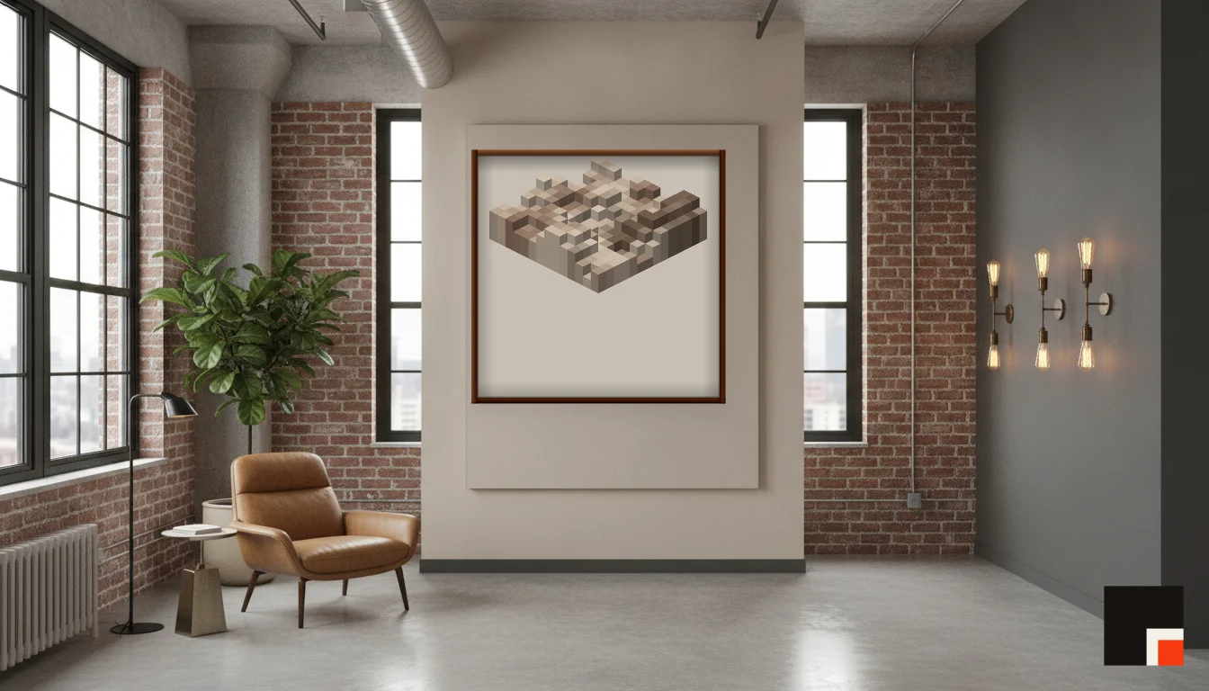 A Lumen & Logic artwork hanging in a Industrial hotel interior — Warehouse loft · Brooklyn