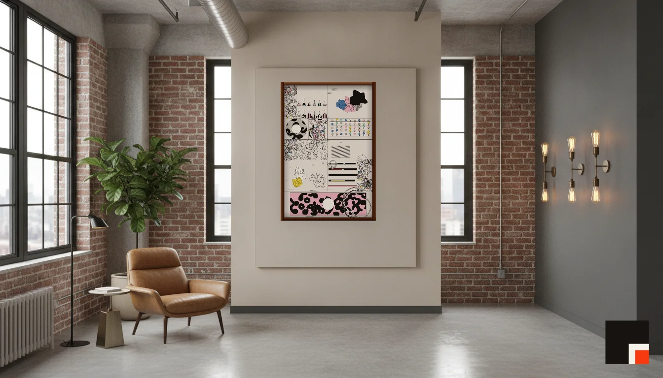 A Lumen & Logic artwork hanging in a Industrial hotel interior — Warehouse loft · Brooklyn