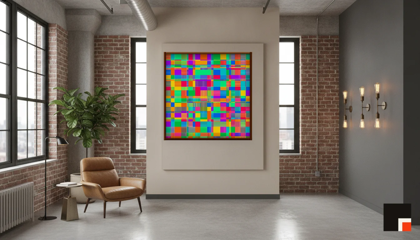 A Lumen & Logic artwork hanging in a Industrial hotel interior — Warehouse loft · Brooklyn