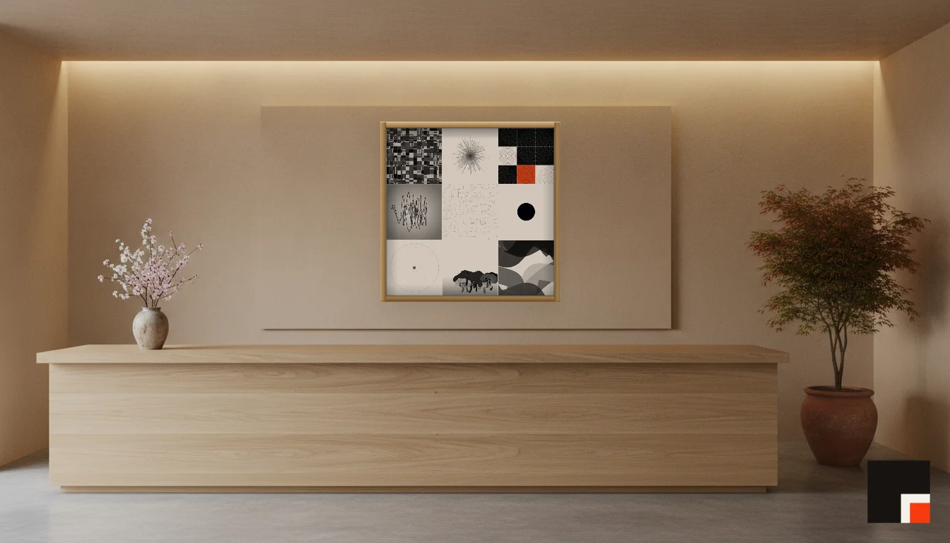 A Lumen & Logic artwork hanging in a Japandi hotel interior — Spa reception · Kyoto
