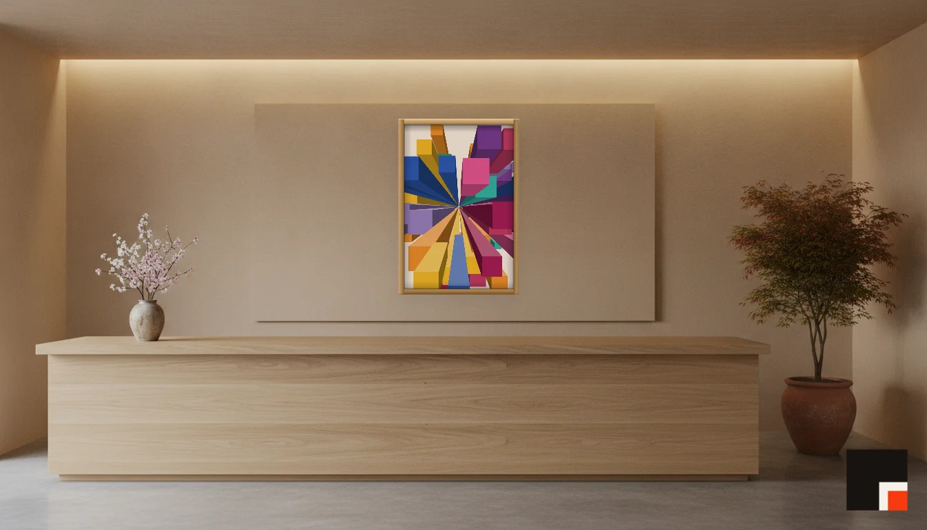 A Lumen & Logic artwork hanging in a Japandi hotel interior — Spa reception · Kyoto