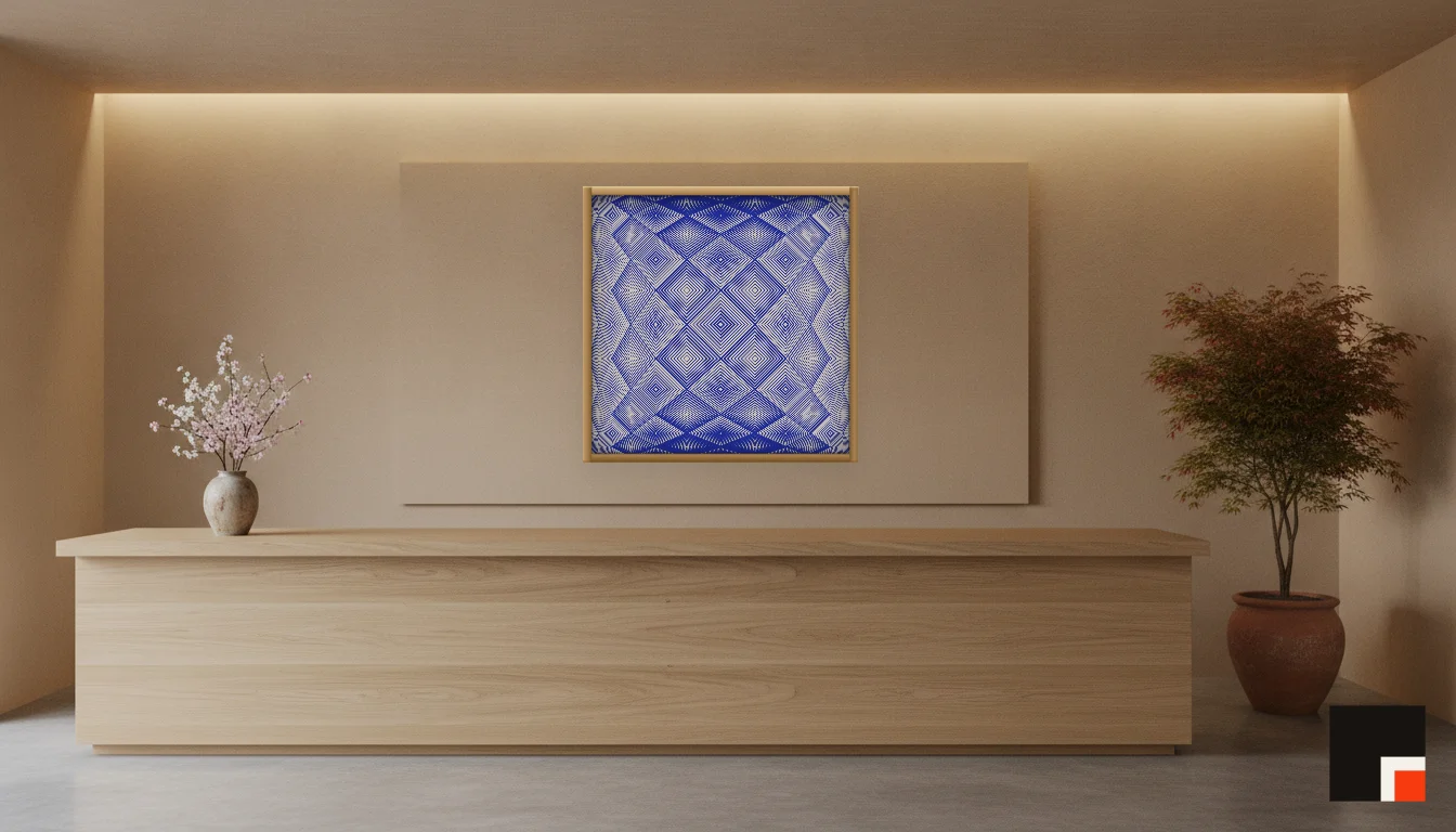 A Lumen & Logic artwork hanging in a Japandi hotel interior — Spa reception · Kyoto