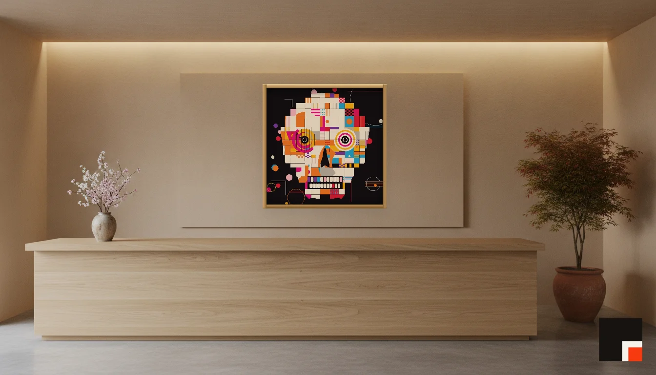 A Lumen & Logic artwork hanging in a Japandi hotel interior — Spa reception · Kyoto