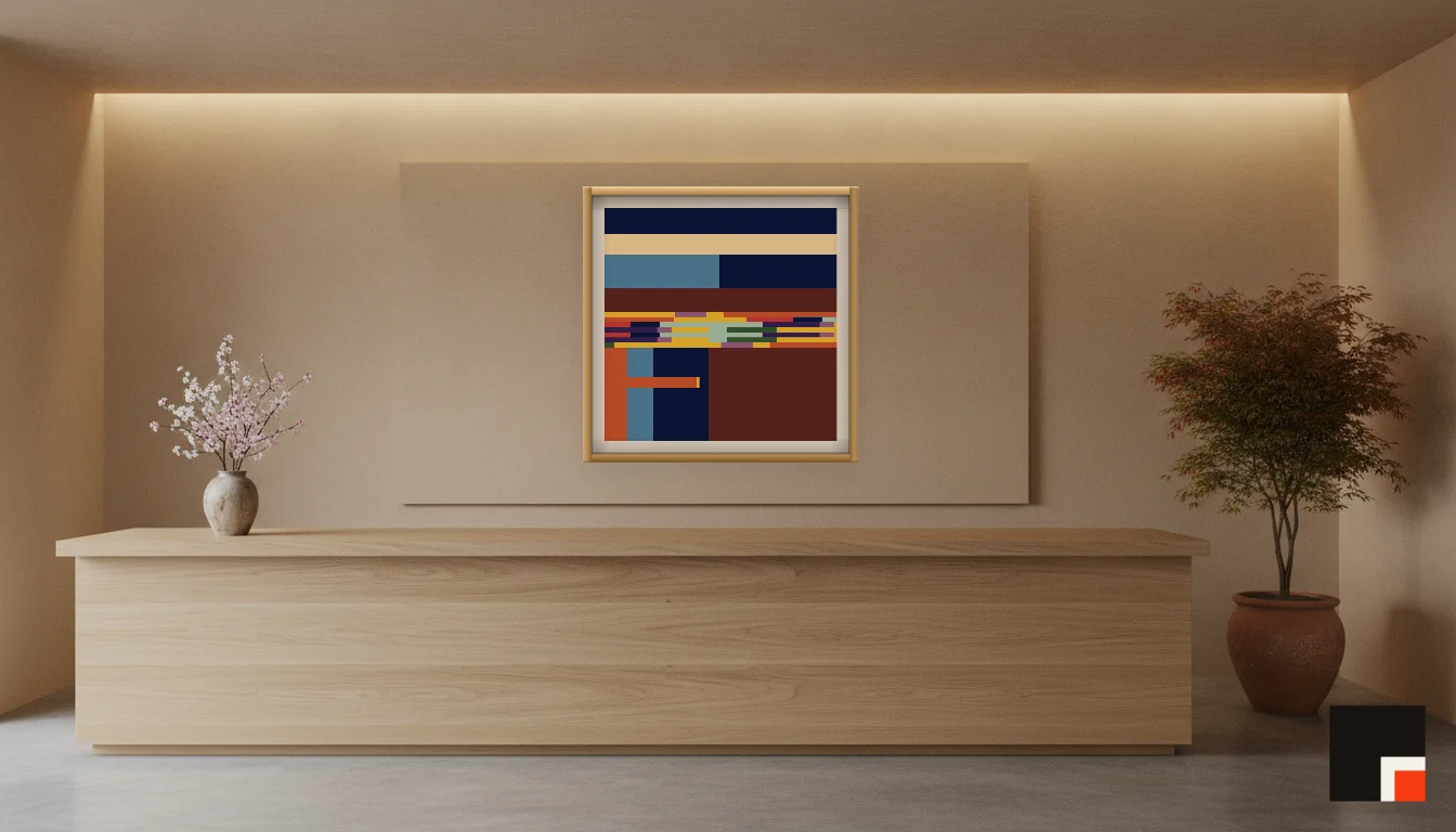 A Lumen & Logic artwork hanging in a Japandi hotel interior — Spa reception · Kyoto