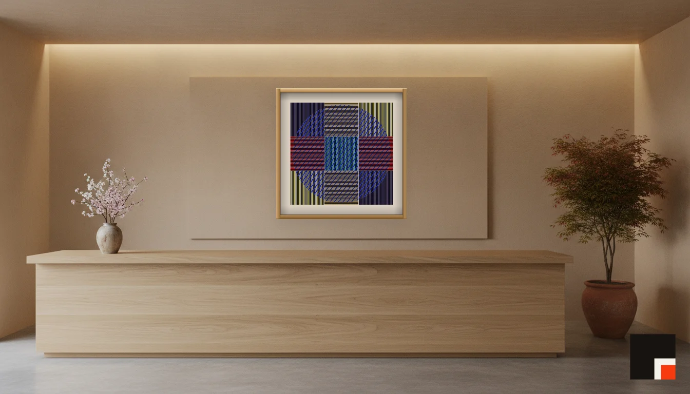 A Lumen & Logic artwork hanging in a Japandi hotel interior — Spa reception · Kyoto