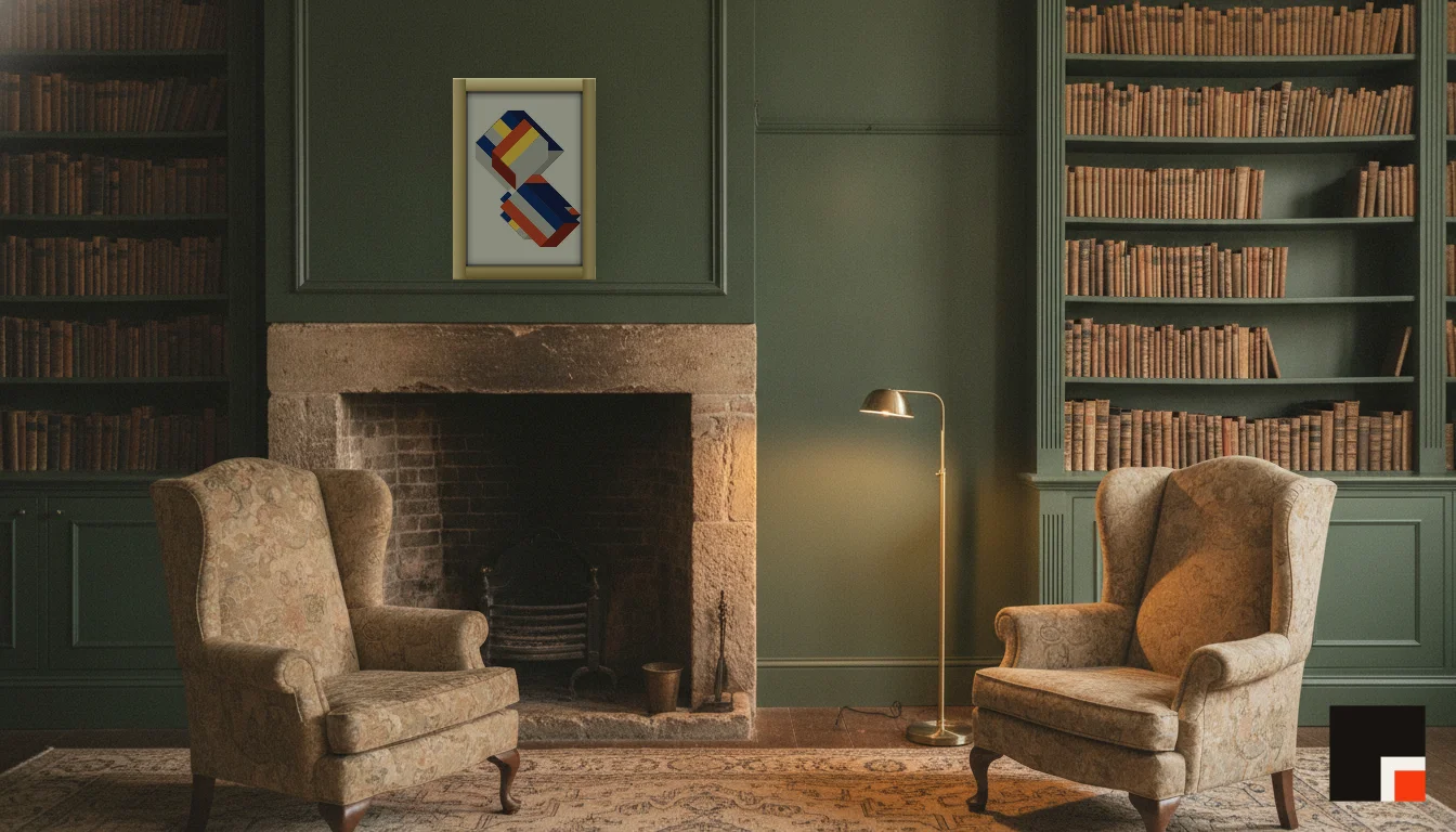 A Lumen & Logic artwork hanging in a Manor hotel interior — Library · Cotswolds