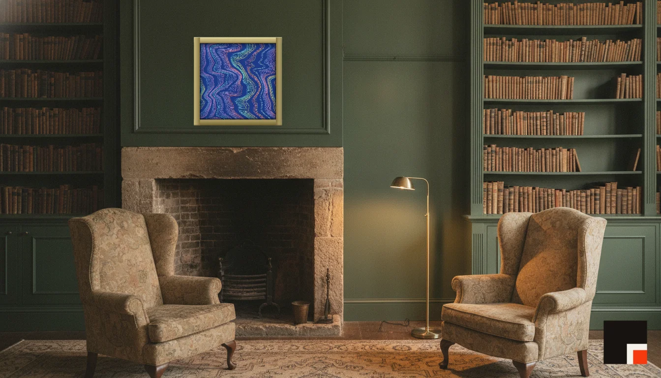 A Lumen & Logic artwork hanging in a Manor hotel interior — Library · Cotswolds