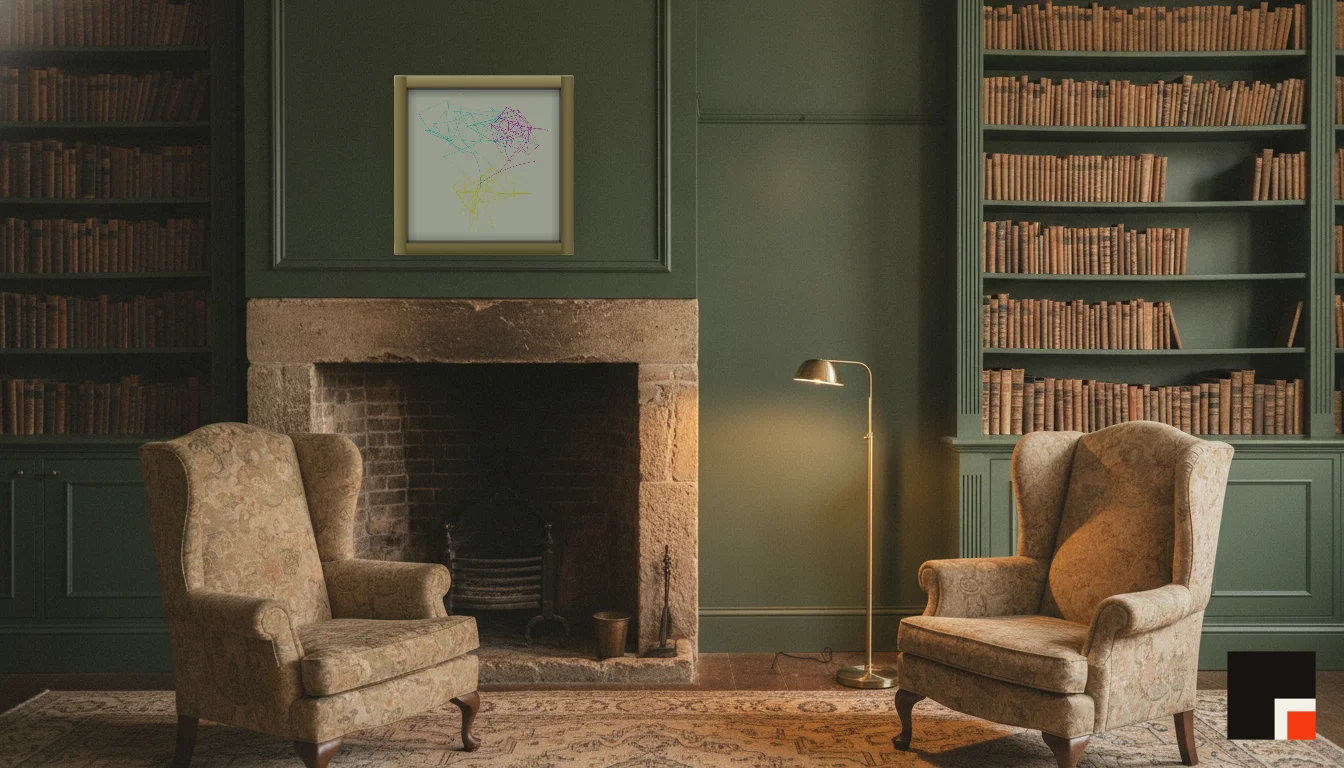 A Lumen & Logic artwork hanging in a Manor hotel interior — Library · Cotswolds