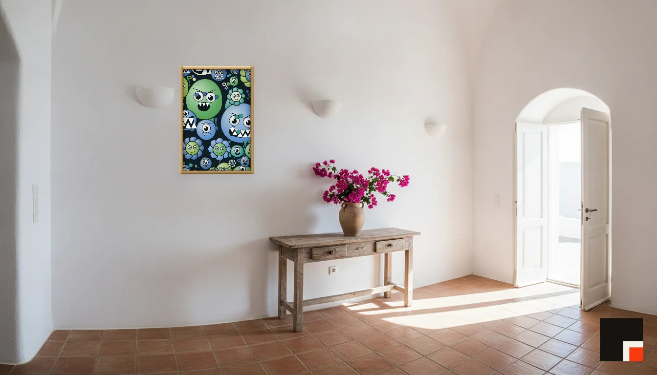 A Lumen & Logic artwork hanging in a Mediterran hotel interior — Cliffside villa · Santorini