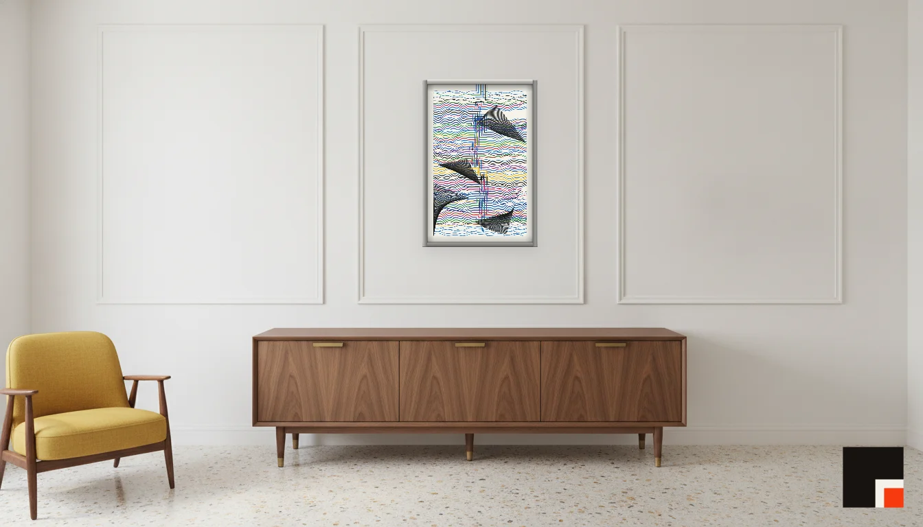 A Lumen & Logic artwork hanging in a Mid-Century hotel interior — Executive suite · Palm Springs