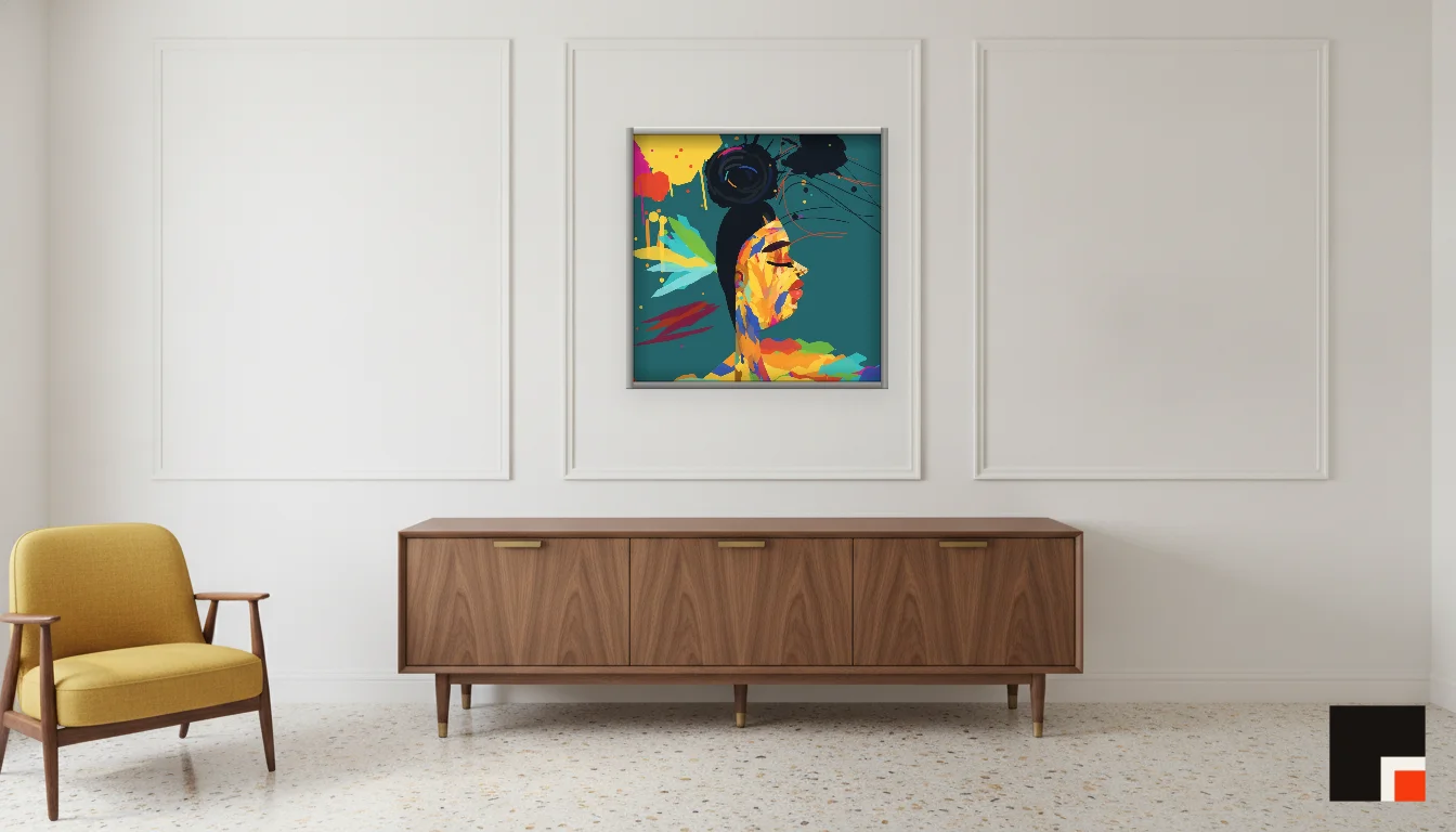 A Lumen & Logic artwork hanging in a Mid-Century hotel interior — Executive suite · Palm Springs