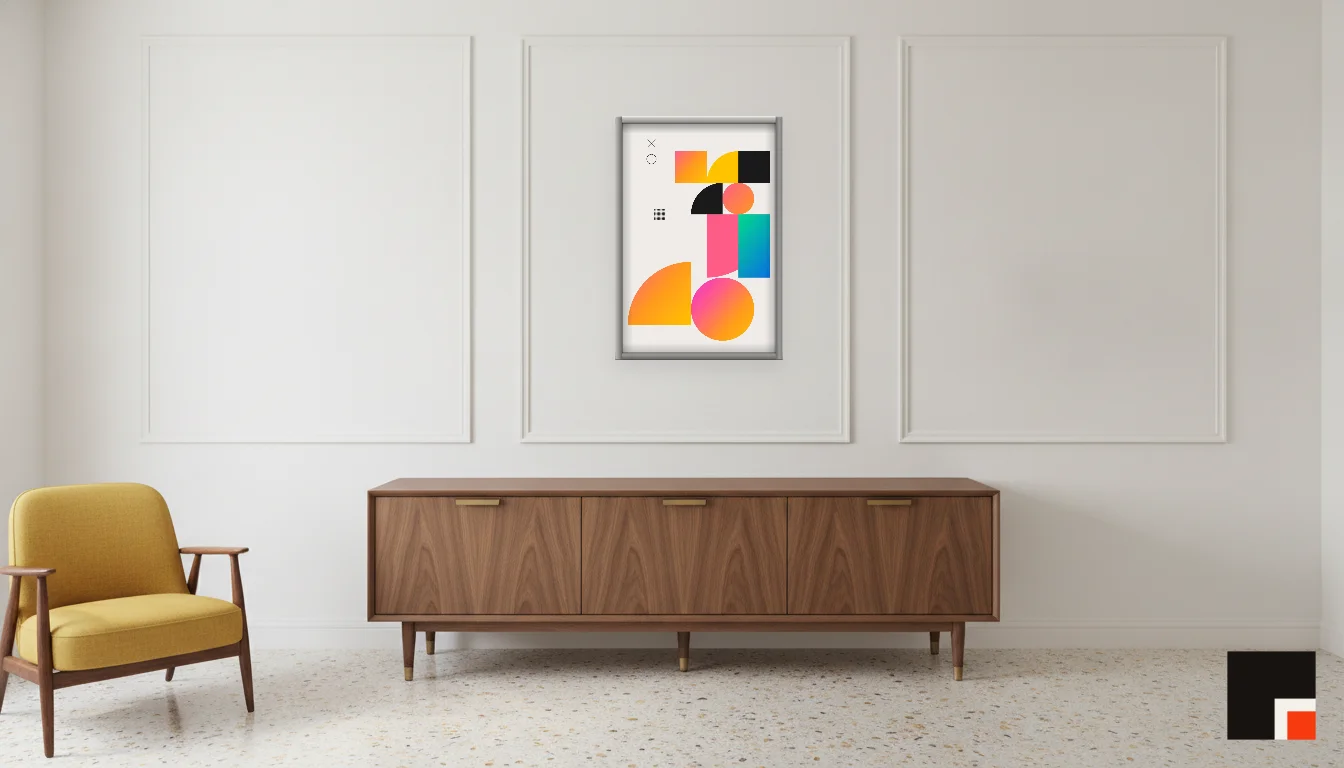 A Lumen & Logic artwork hanging in a Mid-Century hotel interior — Executive suite · Palm Springs