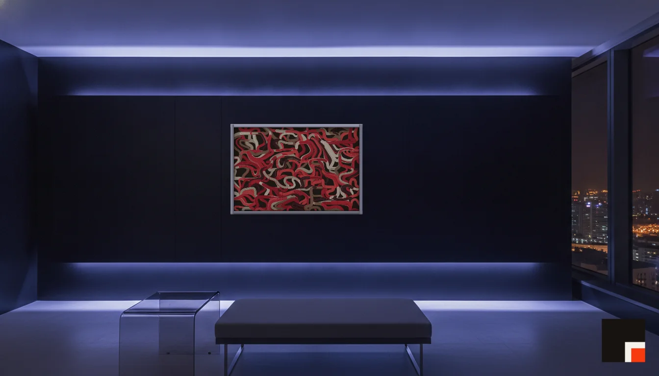 A Lumen & Logic artwork hanging in a Neon hotel interior — Skyband hub · Singapore