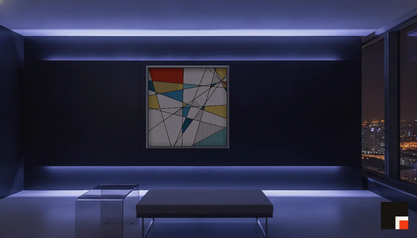 A Lumen & Logic artwork hanging in a Neon hotel interior — Skyband hub · Singapore