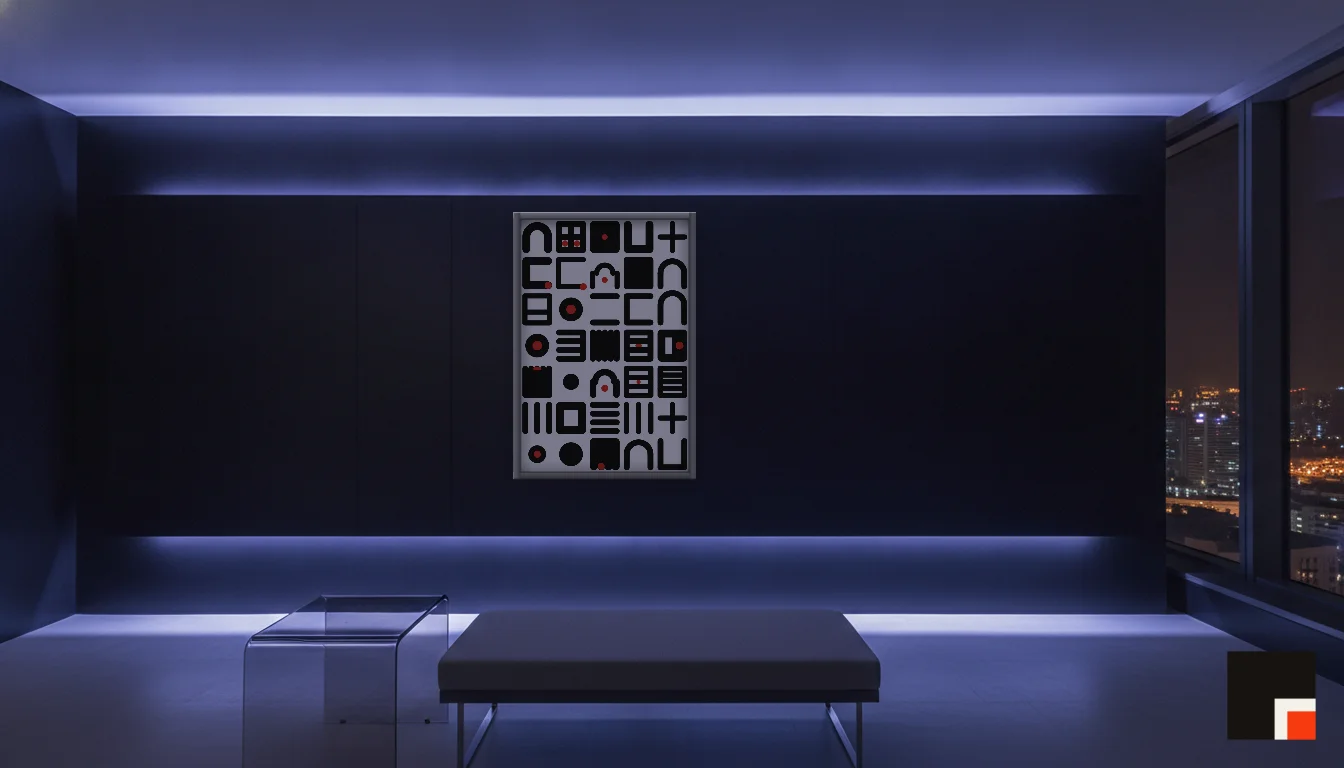 A Lumen & Logic artwork hanging in a Neon hotel interior — Skyband hub · Singapore