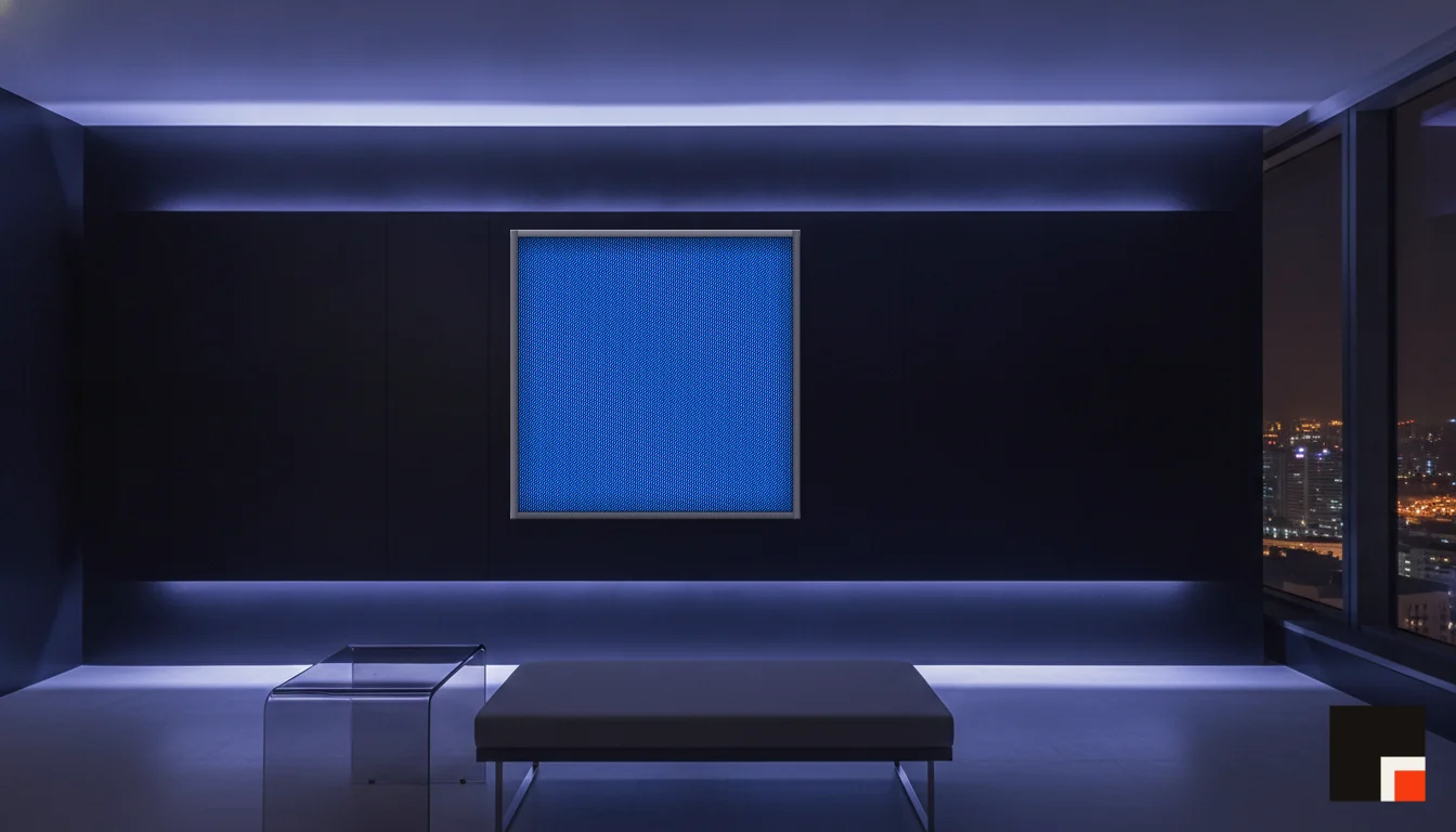 A Lumen & Logic artwork hanging in a Neon hotel interior — Skyband hub · Singapore