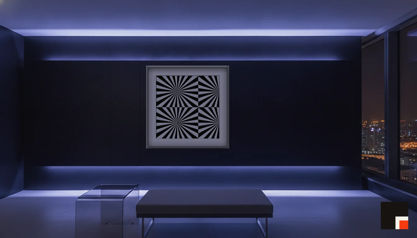 A Lumen & Logic artwork hanging in a Neon hotel interior — Skyband hub · Singapore