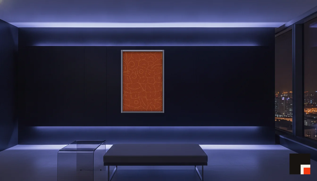 A Lumen & Logic artwork hanging in a Neon hotel interior — Skyband hub · Singapore