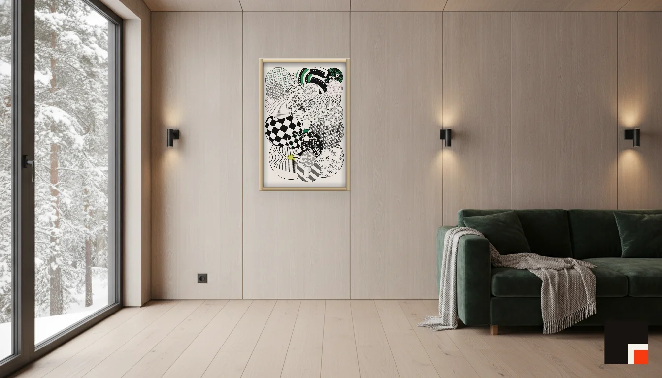A Lumen & Logic artwork hanging in a Nordic hotel interior — Forest lodge · Lapland