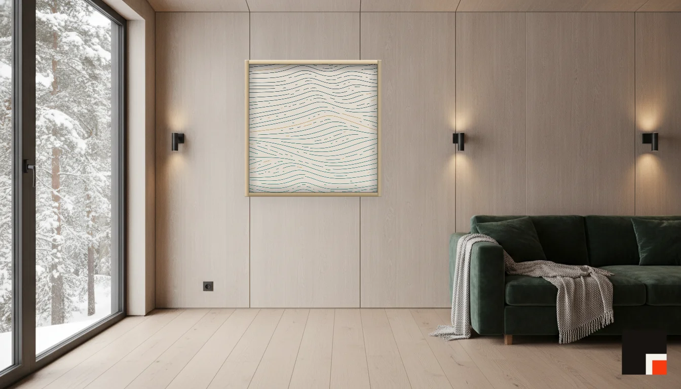 A Lumen & Logic artwork hanging in a Nordic hotel interior — Forest lodge · Lapland