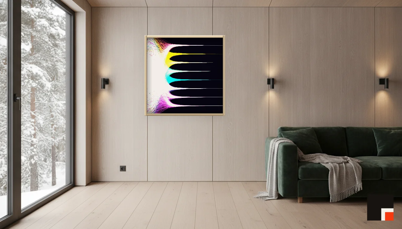 A Lumen & Logic artwork hanging in a Nordic hotel interior — Forest lodge · Lapland