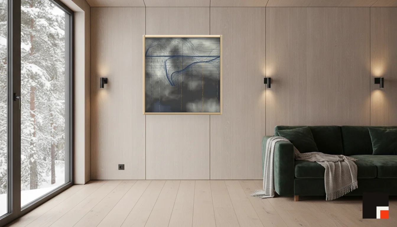 A Lumen & Logic artwork hanging in a Nordic hotel interior — Forest lodge · Lapland