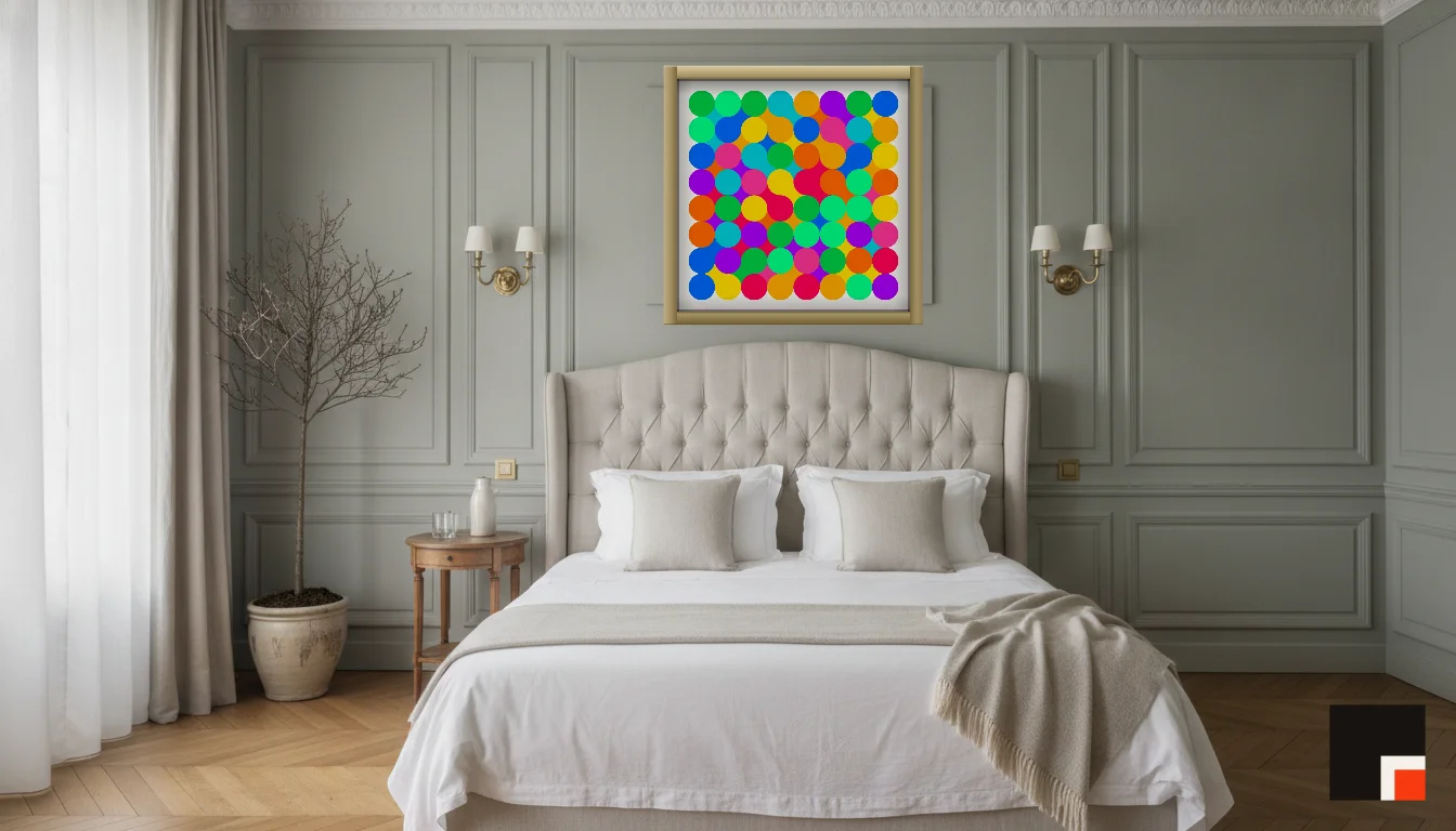 A Lumen & Logic artwork hanging in a Parisian hotel interior — Boiserie bedroom · Paris