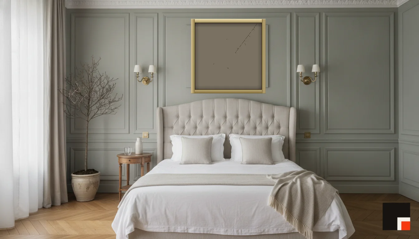 A Lumen & Logic artwork hanging in a Parisian hotel interior — Boiserie bedroom · Paris