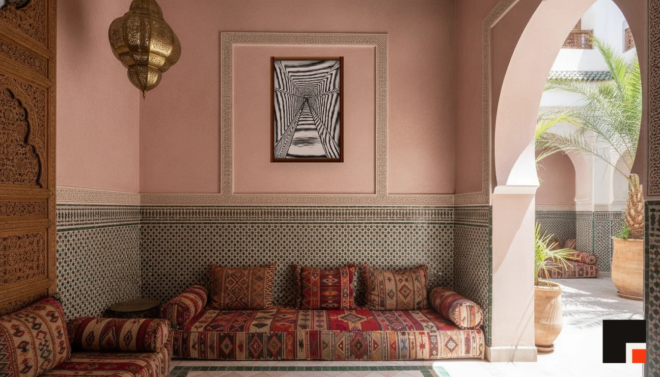A Lumen & Logic artwork hanging in a Riad hotel interior — Courtyard salon · Marrakech